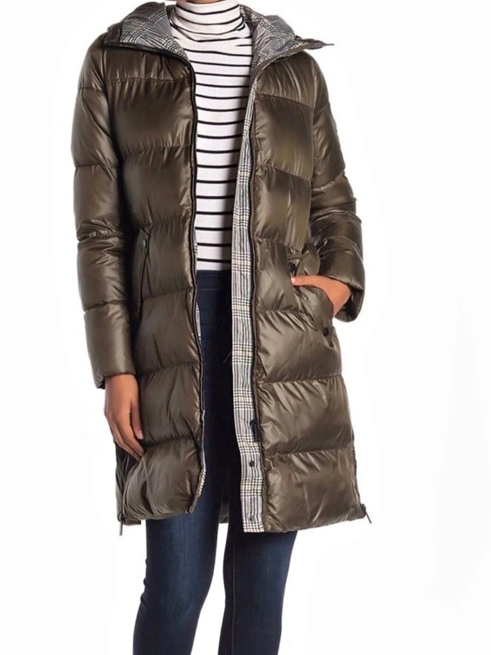 French Connection Longline Puffer Coat with Plaid Hood Brown size Small